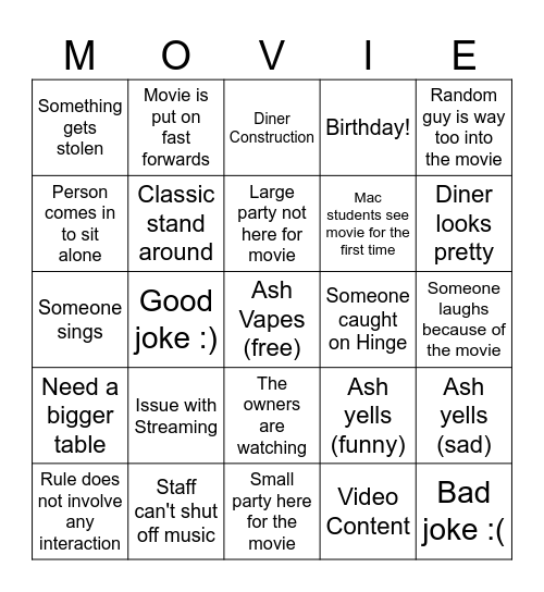 "Interactive" Movie Night Bingo Card