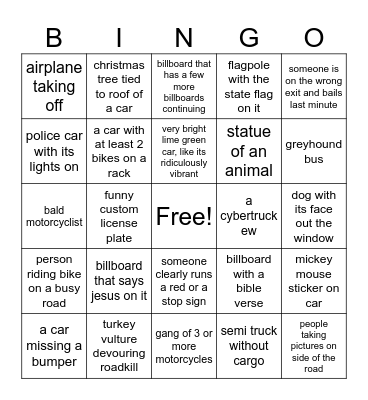 Roadtrip Bingo Card