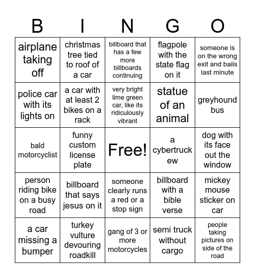 Roadtrip Bingo Card