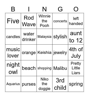 Keishia BINGO Card