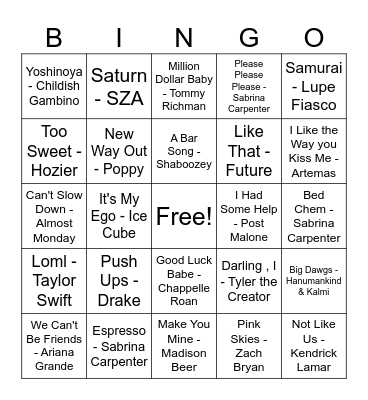 2024 Hits Bingo Card