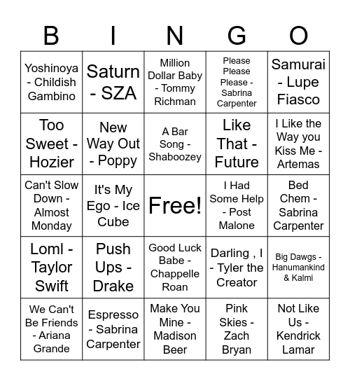 2024 Hits Bingo Card