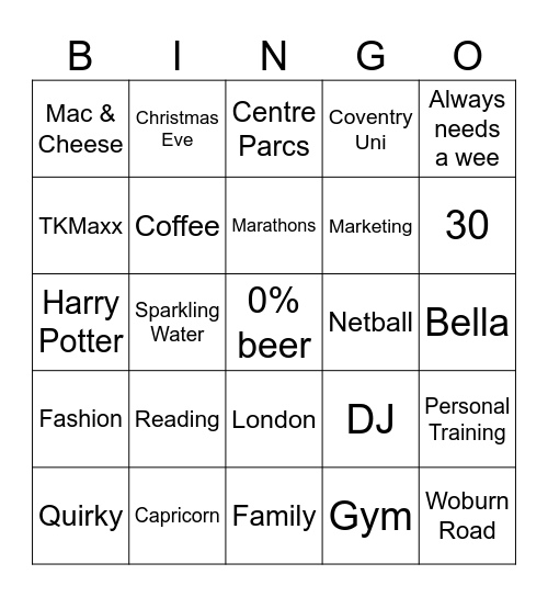Holly 30th Bingo Card