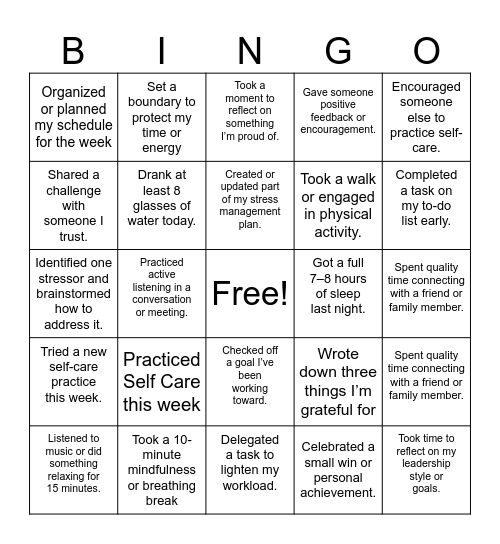 Wellness Bingo Card