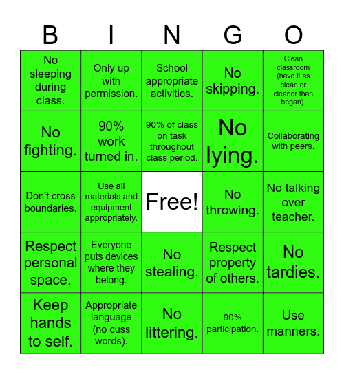 2nd Semester 2024-2025 Class Behavior BINGO Card