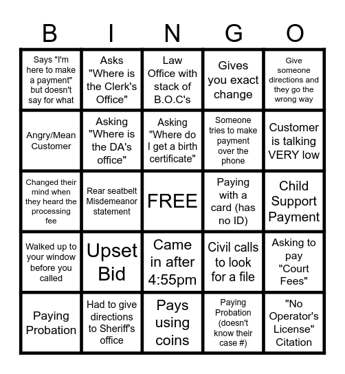 CASHIER'S BINGO Card