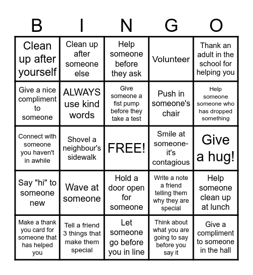 Random Acts of Kindness Bingo Card