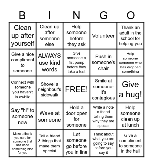 Random Acts of Kindness Bingo Card