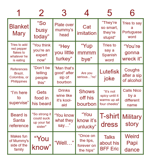 Papi Bingo Card