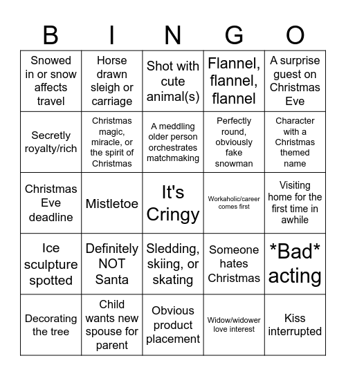 Hallmark Movie Bingo (and drinking) Bingo Card