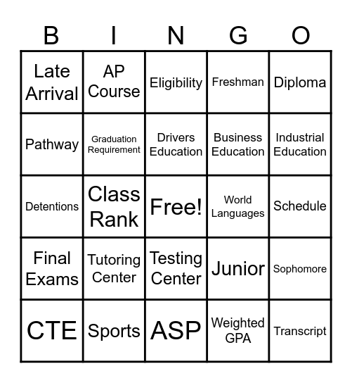 High School Prep Bingo Card