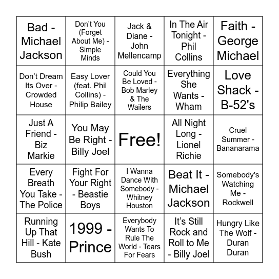 80's Baby Bingo Card