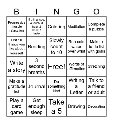 Coping Skill Bingo Card