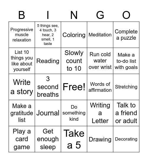 Coping Skill Bingo Card
