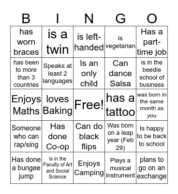 Getting to know You Bingo Card