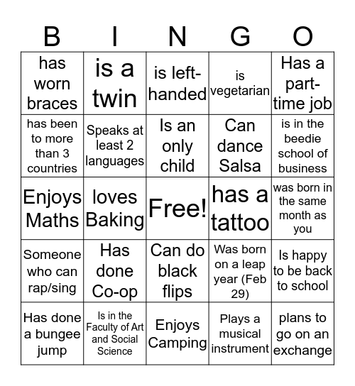 Getting to know You Bingo Card