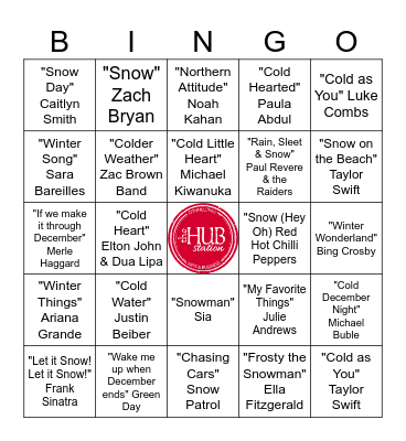 Songs Related to Winter Bingo Card