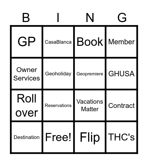 GetAways BIngo Card