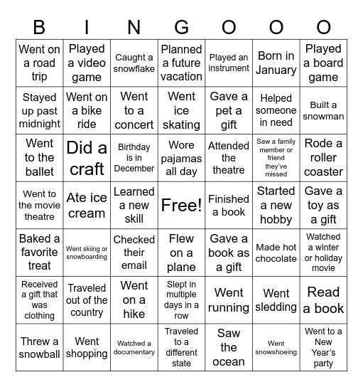 Winter Break Bingo Card