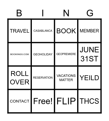 GETAWAYS BINGO Card