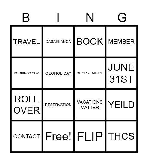 GETAWAYS BINGO Card