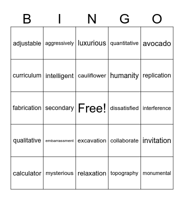 Four Syllables Bingo Card