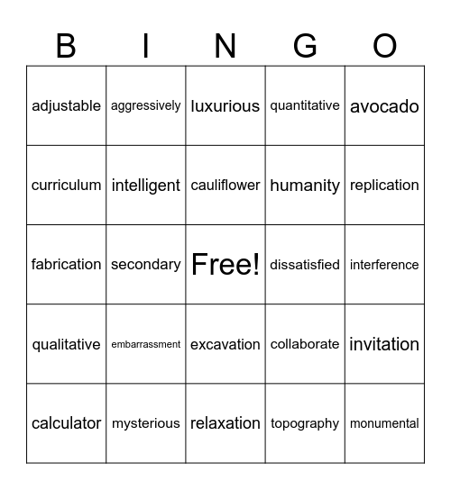 Four Syllables Bingo Card