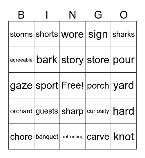 Grade Three Spelling and Vocab Bingo Card