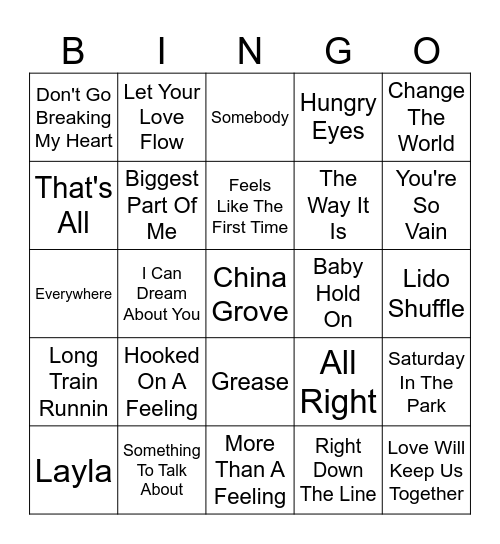 Yacht Rock Bingo Card