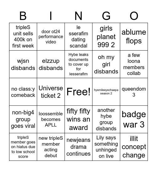 2025 Kpop Bingo Card