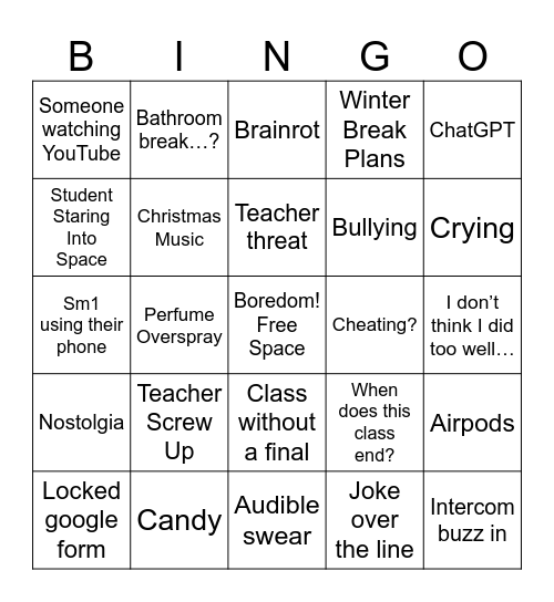 Final Exam Bingo Card