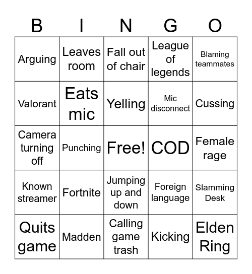 Gamer Rage Bingo Card