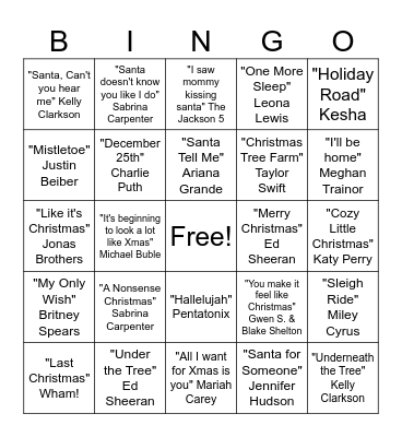 New-Age Christmas Songs Bingo Card