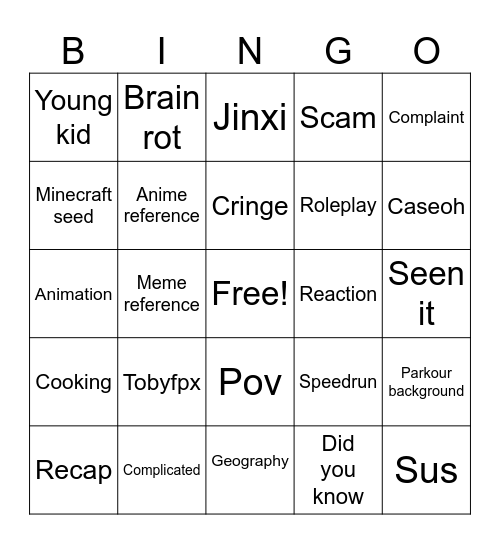 YouTube shorts Bingo Card