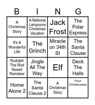 Holiday Movie Bingo Card