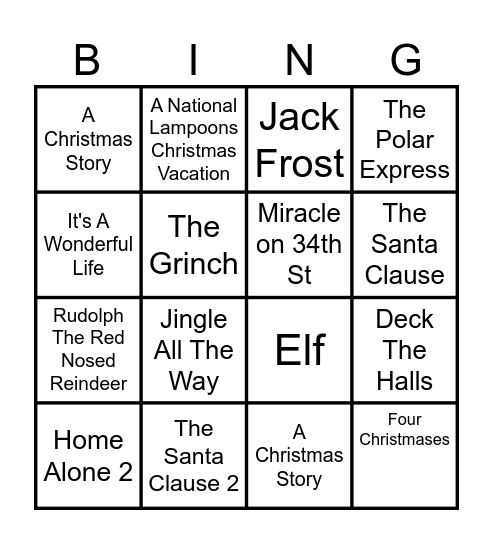 Holiday Movie Bingo Card