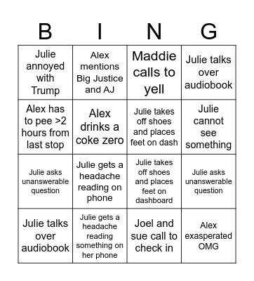 Alex and Julie Bingo Card