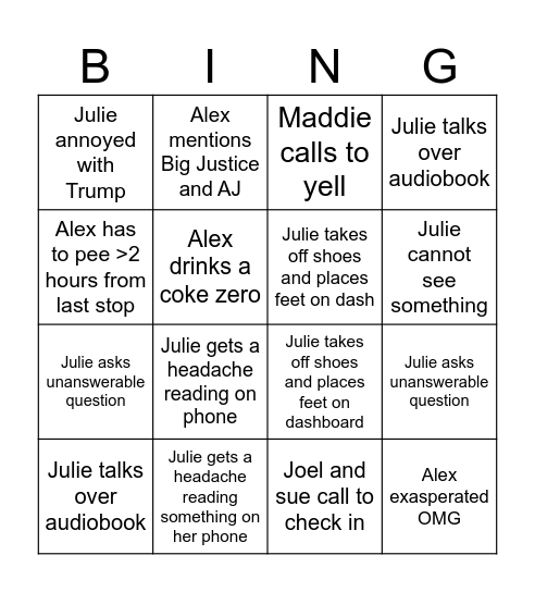 Alex and Julie Bingo Card