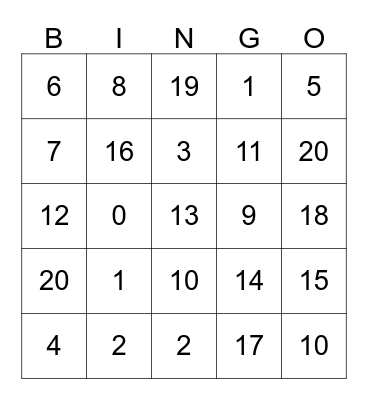 NUMBER Bingo Card