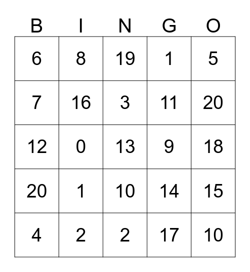 NUMBER Bingo Card