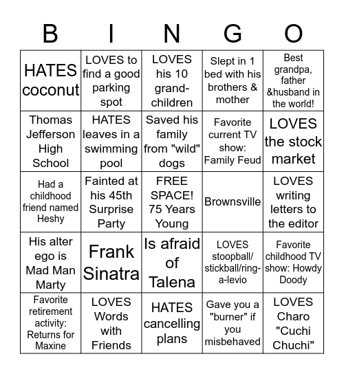 Grandpa Marty's 75th Birthday Bingo Card