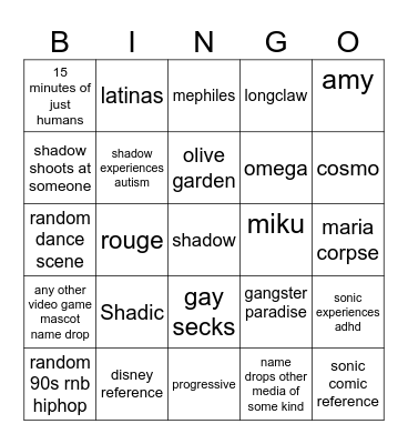 sonmic Bingo Card