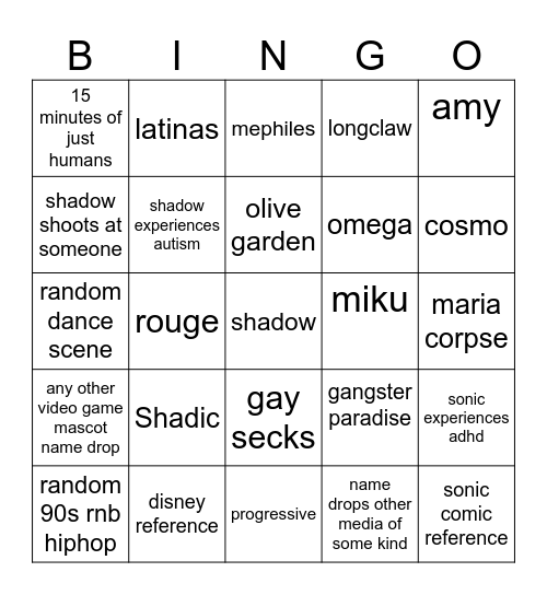 sonmic Bingo Card