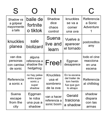 Sonic 3 Bingo Pipe Bingo Card