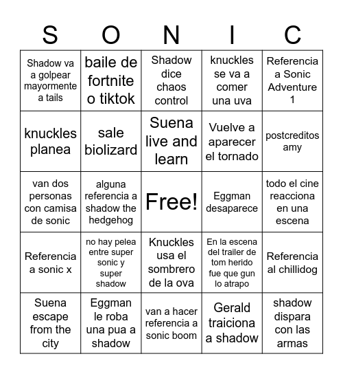 Sonic 3 Bingo Pipe Bingo Card