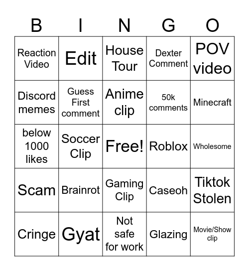 YT Shorts Bingo Card