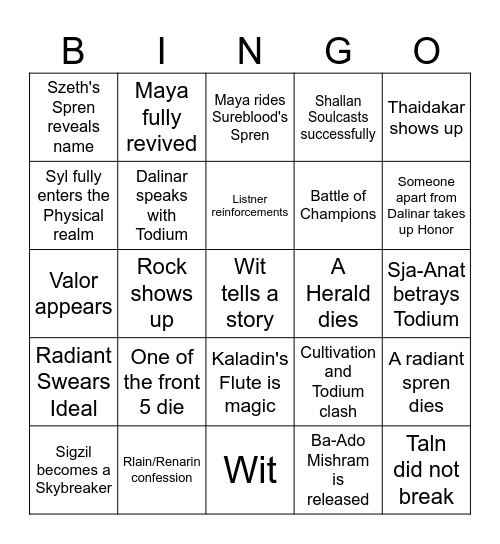 Wind and Truth Bingo Card