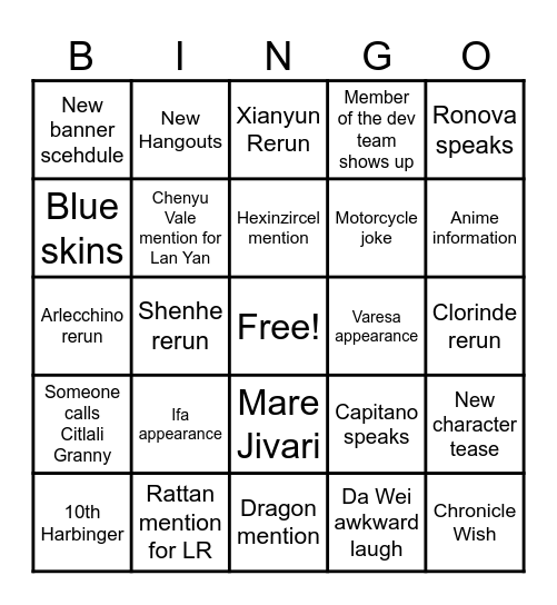 Genshin 5.3 Livestream Bingo Card