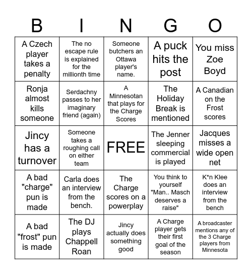 CHARGE | FROST | BINGO CARD Bingo Card