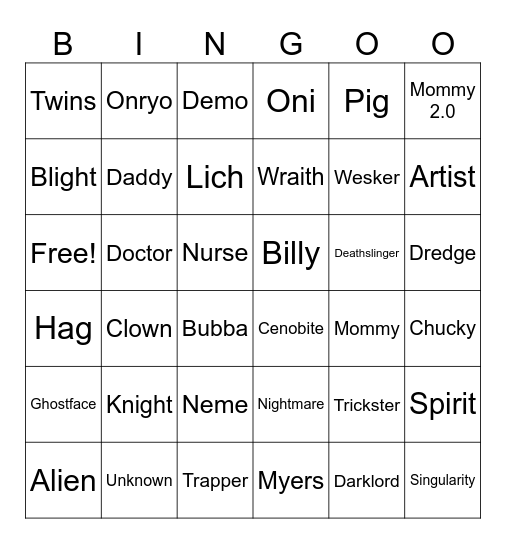 DBD KILLERS Bingo Card